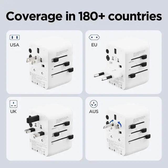 Alt view image 5 of 5 - mooas Universal Travel Adapter, International Power Plug Adapter with 2 USB-C and 2 USB-A Ports, PD30W, 2500W All-in-One Worldwide Wall Charger for USA EU UK AUS (White)