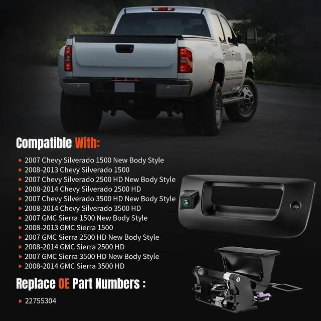 Alt view image 2 of 5 - LCWRGS Tailgate Handle Backup Camera & Bezel Trim Fits for 2007-2014 Chevy Silverado & GMC Sierra 1500 2500 3500 HD Tailgate Latch Door Handle Rear View Camera with Lock Cylinder Kit OE# 22755304