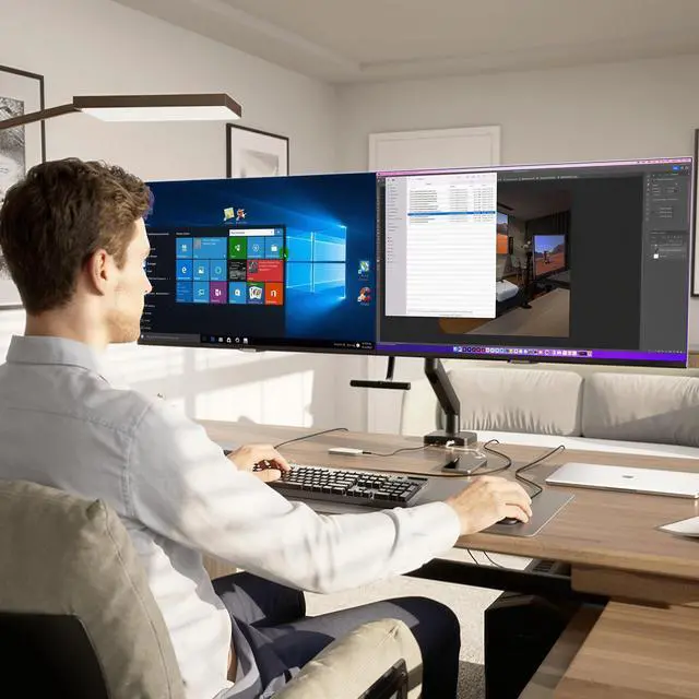 Alt view image 2 of 5 - Mount-It! Dual Monitor Mount with Crossbar, Gas Spring Desk Mount for 2 Monitors 1732", Holds 19.8 lbs Each, Full Motion Tilt Swivel Rotate, VESA 75x75 100x100, USB 3.0 & USB-C, Clamp or Grommet