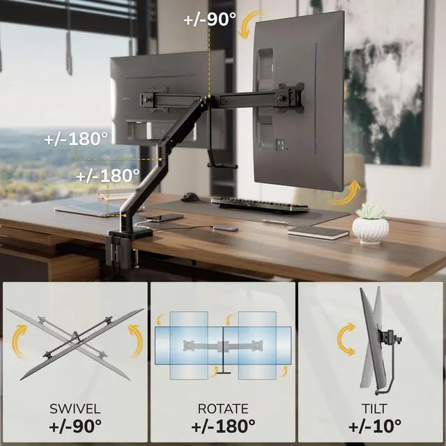 Alt view image 3 of 5 - Mount-It! Dual Monitor Mount with Crossbar, Gas Spring Desk Mount for 2 Monitors 1732", Holds 19.8 lbs Each, Full Motion Tilt Swivel Rotate, VESA 75x75 100x100, USB 3.0 & USB-C, Clamp or Grommet