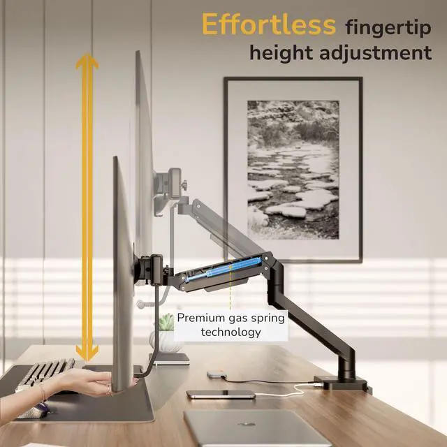 Alt view image 4 of 5 - Mount-It! Dual Monitor Mount with Crossbar, Gas Spring Desk Mount for 2 Monitors 1732", Holds 19.8 lbs Each, Full Motion Tilt Swivel Rotate, VESA 75x75 100x100, USB 3.0 & USB-C, Clamp or Grommet