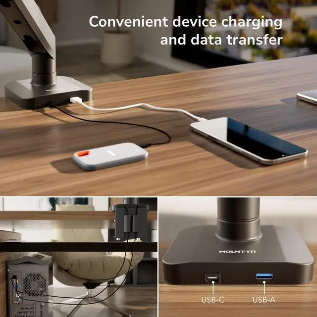 Alt view image 5 of 5 - Mount-It! Dual Monitor Mount with Crossbar, Gas Spring Desk Mount for 2 Monitors 1732", Holds 19.8 lbs Each, Full Motion Tilt Swivel Rotate, VESA 75x75 100x100, USB 3.0 & USB-C, Clamp or Grommet