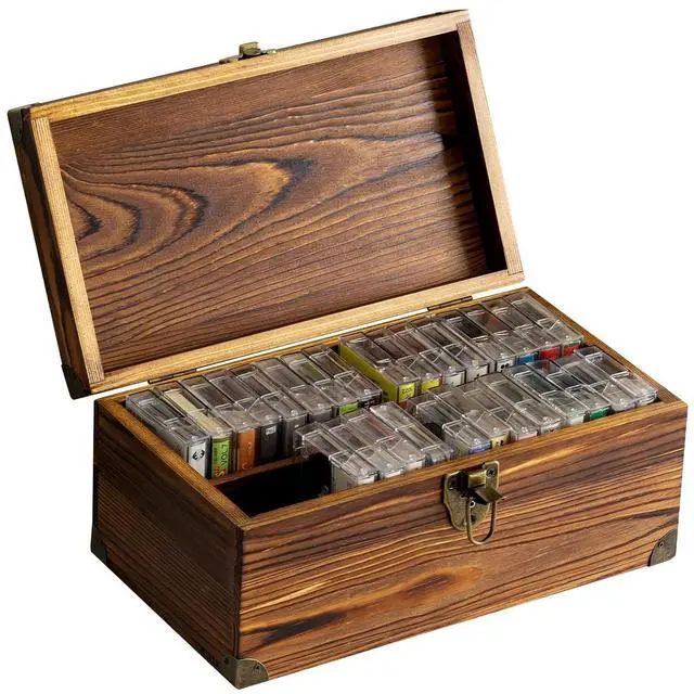 Main image of MyGift Rustic Dark Brown Wood Retro Audio Cassette Tape Storage Box with Antique Brass Tone Metal Latch and Brackets, 4 Compartments Hold up to 32 Tapes
