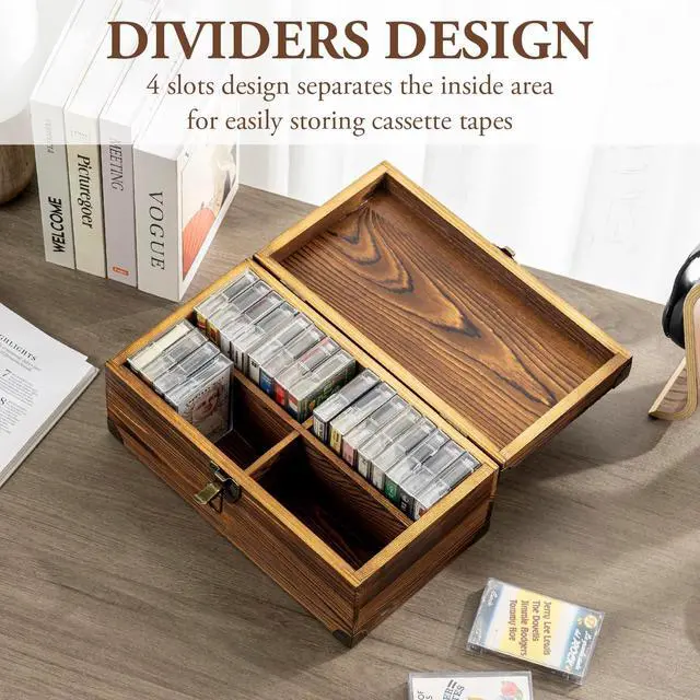 Alt view image 3 of 5 - MyGift Rustic Dark Brown Wood Retro Audio Cassette Tape Storage Box with Antique Brass Tone Metal Latch and Brackets, 4 Compartments Hold up to 32 Tapes
