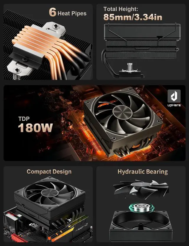 Alt view image 2 of 5 - upHere Low Profile CPU Cooler 6mm*6 Low Profile Cooler 120mm Fan Low Profile CPU Cooler AM4 Compatible with AM5/Intel LGA 2011/2066(X79/X99)/1851/1700/1200/1150/1121/1155/1156/1366/1356/AM3/AM2/AM