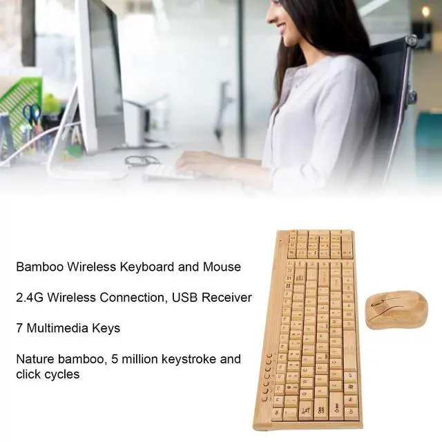 Alt view image 3 of 5 - Handcrafted Bamboo Wireless Keyboard and Mouse Combo, 2.4G Ergonomic Set with USB Receiver for PC