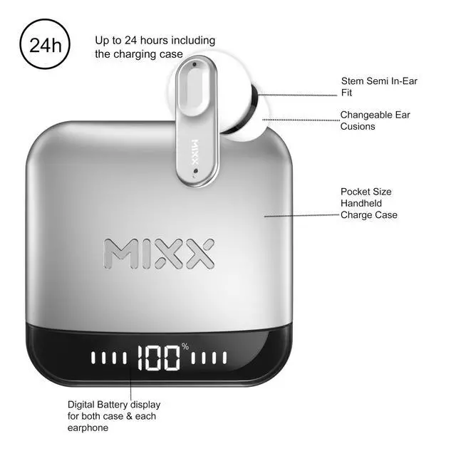 Alt view image 2 of 5 - MIXX StreamBuds Ultra Mini True Wireless Earbuds, Compact Zinc Alloy Case, Bluetooth in-Ear Headphones, App EQ Control, Digital Battery Display, 24H Playtime, Quick Charge, Touch Controls - Sil