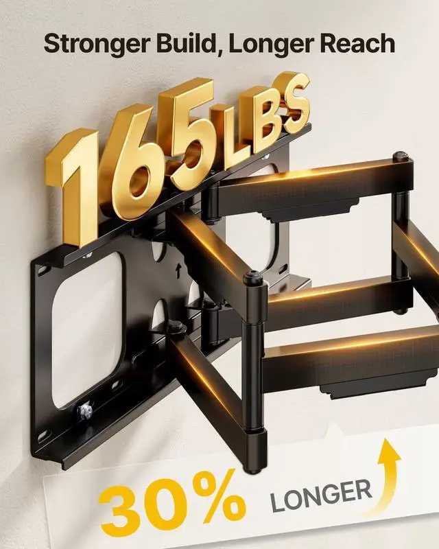 Alt view image 2 of 5 - monTEK Full Motion TV Wall Mount for 50-100 Inch Large TVs up to 165 lbs, Long 25" Extension Articulating TV Mount Bracket for Off-Center Wood Studs 16" 18" 24", Max VESA 800x600