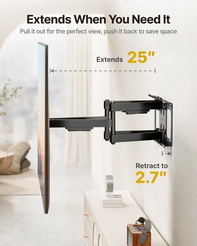 Alt view image 3 of 5 - monTEK Full Motion TV Wall Mount for 50-100 Inch Large TVs up to 165 lbs, Long 25" Extension Articulating TV Mount Bracket for Off-Center Wood Studs 16" 18" 24", Max VESA 800x600