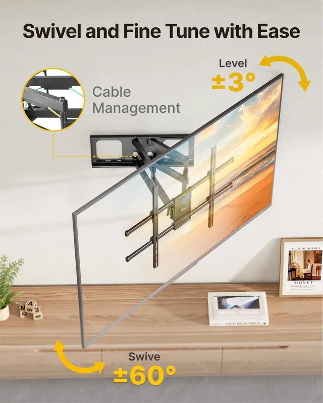 Alt view image 4 of 5 - monTEK Full Motion TV Wall Mount for 50-100 Inch Large TVs up to 165 lbs, Long 25" Extension Articulating TV Mount Bracket for Off-Center Wood Studs 16" 18" 24", Max VESA 800x600