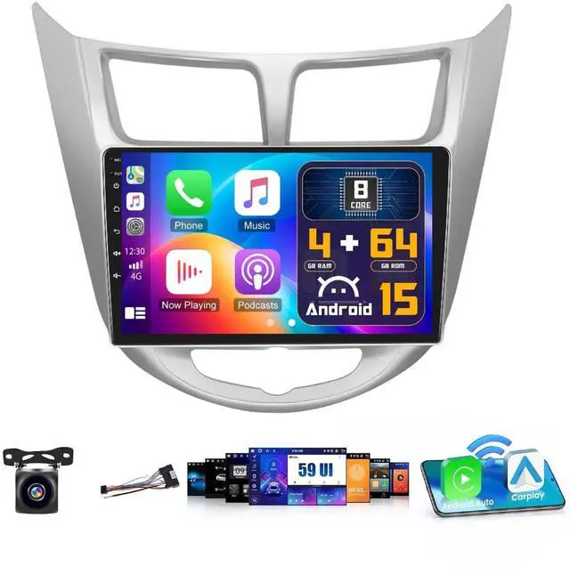 Main image of 8Core 4+64G for 2010-2016 Hyundai Accent Verna Solaris Car Stereo Wireless Carplay Android Auto, 9 inch 1280 * 720 Android 15 Touchscreen Radio GPS WiFi BT 5.0 DSP SWC Backup Camera