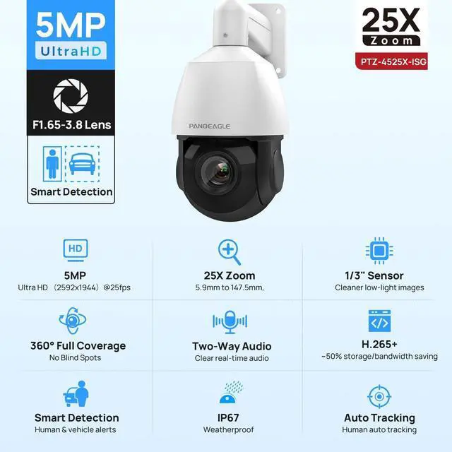 Alt view image 2 of 5 - PANOEAGLE 5MP PTZ PoE IP Camera Outoodoor Speed Dome, 25x Optical Zoom Security Camera with Auto Tracking, Human Vehicle Detection,2-Way Talk, 330ft IR Night Vision,512G Card Slot,IP66,NDAA Compliant