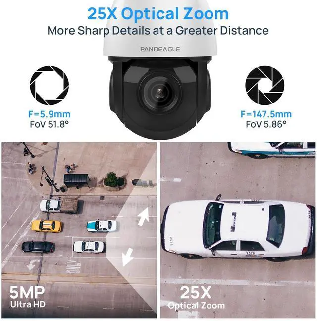 Alt view image 3 of 5 - PANOEAGLE 5MP PTZ PoE IP Camera Outoodoor Speed Dome, 25x Optical Zoom Security Camera with Auto Tracking, Human Vehicle Detection,2-Way Talk, 330ft IR Night Vision,512G Card Slot,IP66,NDAA Compliant