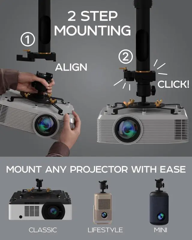 Alt view image 2 of 5 - PropVue Universal Projector Mount - Adjustable Ceiling or Wall Mount for Office & Home Mini Projectors - Full Motion, Easy Installation, 360 Swivel, Extendable Length 13.8" to 21"