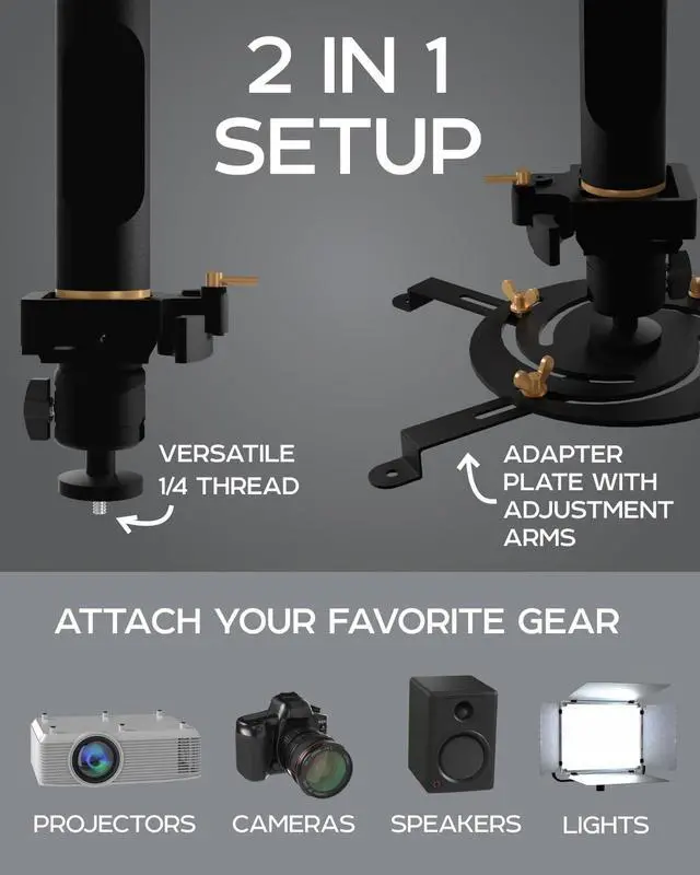 Alt view image 3 of 5 - PropVue Universal Projector Mount - Adjustable Ceiling or Wall Mount for Office & Home Mini Projectors - Full Motion, Easy Installation, 360 Swivel, Extendable Length 13.8" to 21"