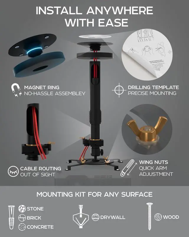 Alt view image 4 of 5 - PropVue Universal Projector Mount - Adjustable Ceiling or Wall Mount for Office & Home Mini Projectors - Full Motion, Easy Installation, 360 Swivel, Extendable Length 13.8" to 21"