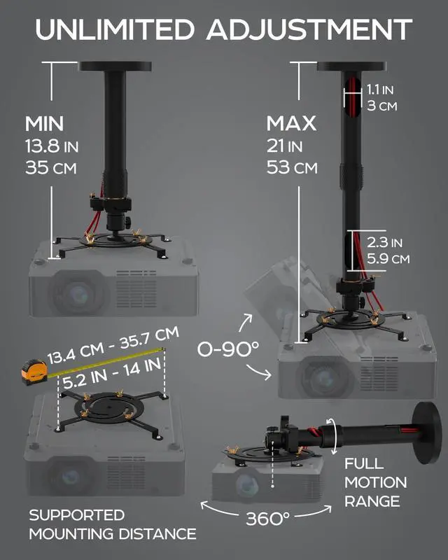 Alt view image 5 of 5 - PropVue Universal Projector Mount - Adjustable Ceiling or Wall Mount for Office & Home Mini Projectors - Full Motion, Easy Installation, 360 Swivel, Extendable Length 13.8" to 21"