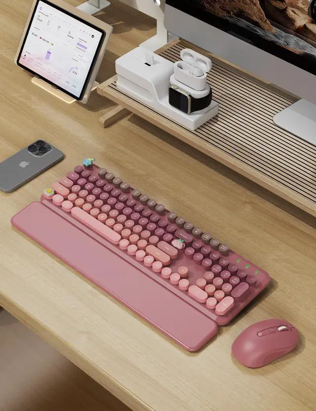 Alt view image 2 of 5 - Wireless Keyboard and Mouse Combo, Typewriter Keyboard with Detachable Wrist Rest, Full-Size Retro Round Keycaps, Smart-Sleep, 2.4GHz Stable Connection for Mac/Windows/PC, Trueque(Ombre Dusty R
