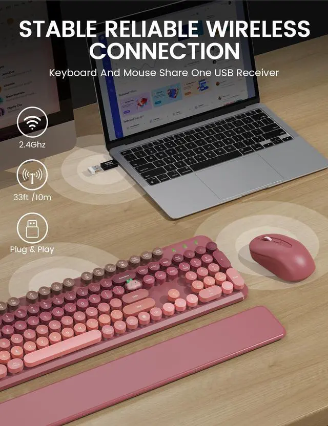 Alt view image 4 of 5 - Wireless Keyboard and Mouse Combo, Typewriter Keyboard with Detachable Wrist Rest, Full-Size Retro Round Keycaps, Smart-Sleep, 2.4GHz Stable Connection for Mac/Windows/PC, Trueque(Ombre Dusty R