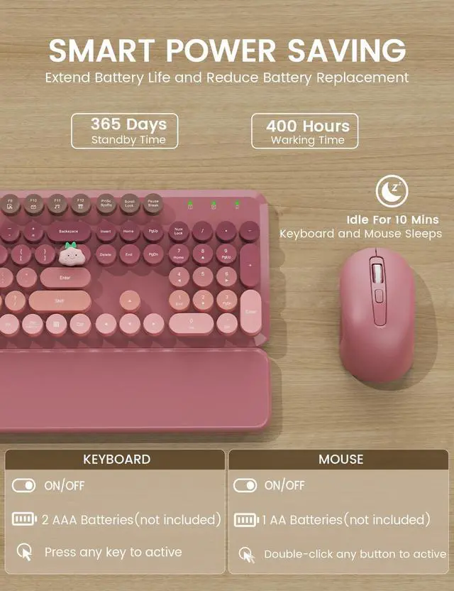 Alt view image 5 of 5 - Wireless Keyboard and Mouse Combo, Typewriter Keyboard with Detachable Wrist Rest, Full-Size Retro Round Keycaps, Smart-Sleep, 2.4GHz Stable Connection for Mac/Windows/PC, Trueque(Ombre Dusty R