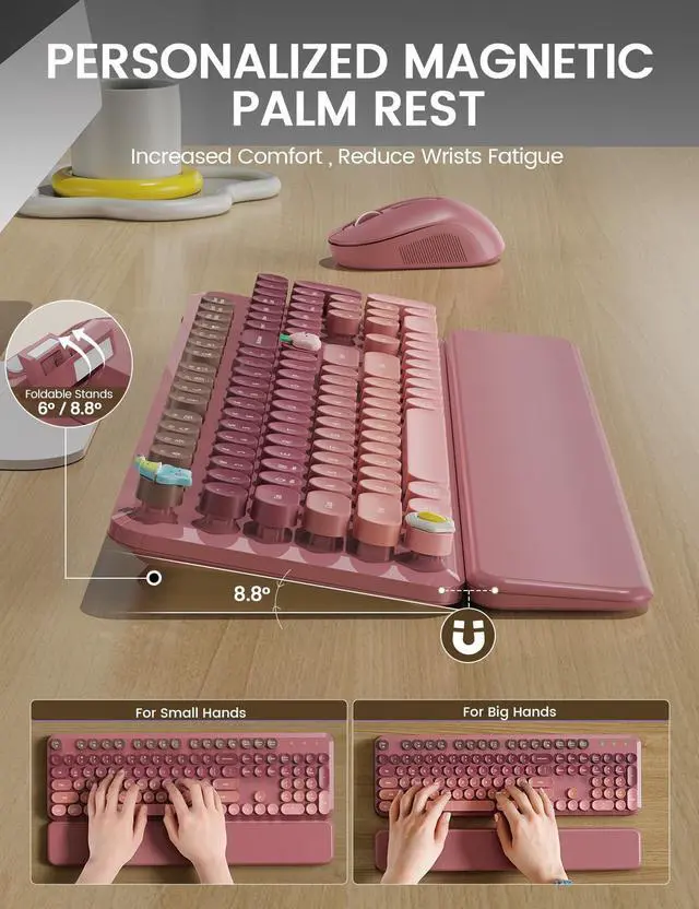 Alt view image 3 of 5 - Wireless Keyboard and Mouse Combo, Typewriter Keyboard with Detachable Wrist Rest, Full-Size Retro Round Keycaps, Smart-Sleep, 2.4GHz Stable Connection for Mac/Windows/PC, Trueque(Ombre Dusty R