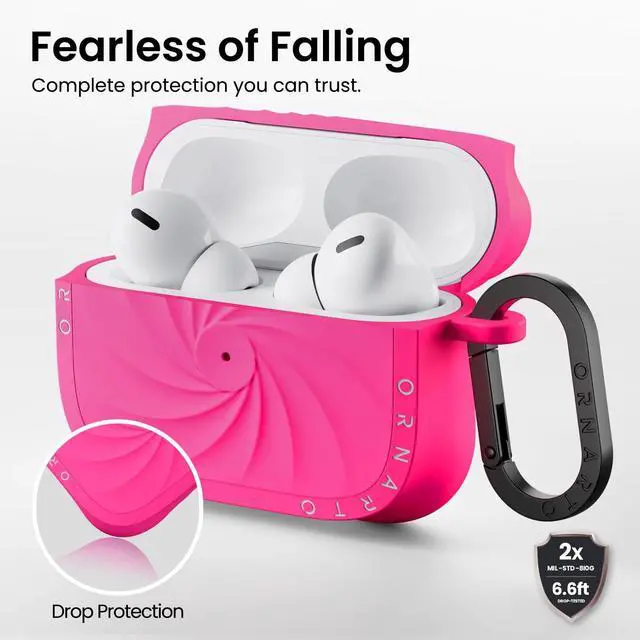 Alt view image 3 of 5 - ORNARTO Vortuxe for AirPods Pro 2 Case - 2X MIL-STD Drop Protection, Liquid Silicone Shockproof Cover with Carabiner, Sleek Aesthetic Case for AirPods Pro 2nd / 1st Generation-Hot