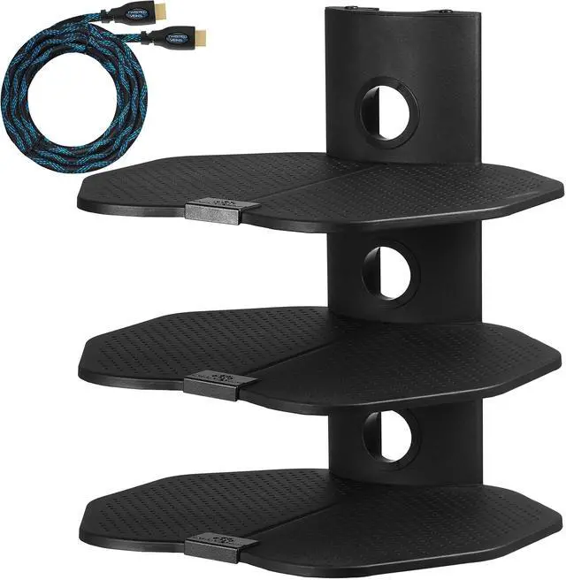 Main image of Cheetah TV Wall Mount 3 Shelf Bracket, with 15ft HDMI Cable, Three 18x16-Inch Black Components Shelves Under TV for Cable Box, Blu Ray Player, Stereo AV, AS3B