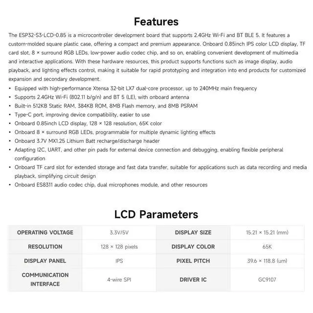 Alt view image 4 of 5 - Waveshare ESP32-S3 0.85inch LCD Display Development Board, 128 128 Resolution, Onboard Dual Microphones Array and Surround RGB LEDs, Supports 2.4GHz Wi-Fi and BLE 5, no BAT