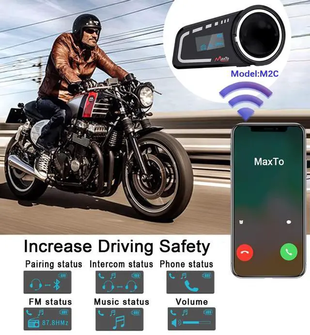 Alt view image 3 of 5 - MAXTO M2C Motorcycle Bluetooth Headset, 1000M 6-Way Group Helmet Intercom Communication System with LCD Screen, IP65 Waterproof, FM, Dual Phone Connection, Noise Reduction, Soft and Hard Mic, 1 Pack