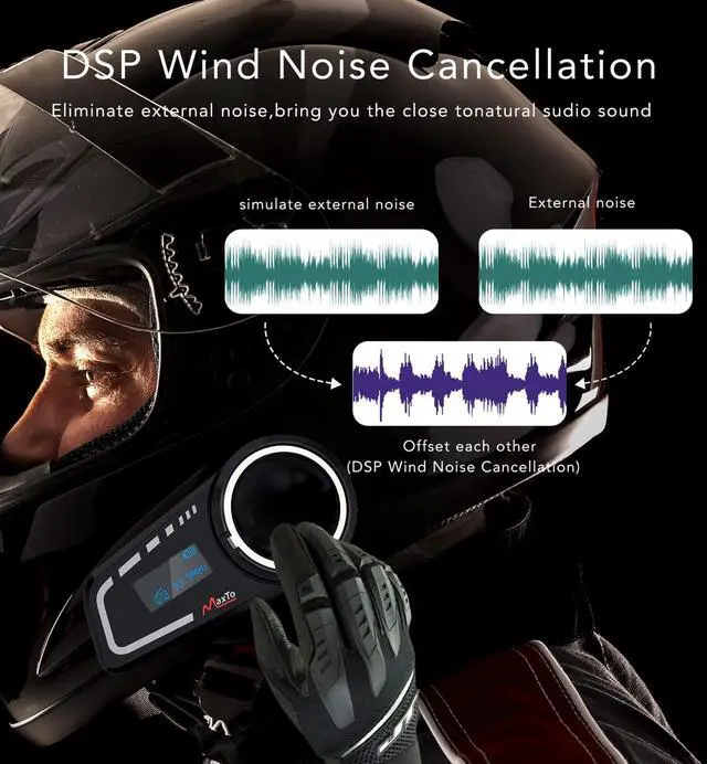 Alt view image 4 of 5 - MAXTO M2C Motorcycle Bluetooth Headset, 1000M 6-Way Group Helmet Intercom Communication System with LCD Screen, IP65 Waterproof, FM, Dual Phone Connection, Noise Reduction, Soft and Hard Mic, 1 Pack