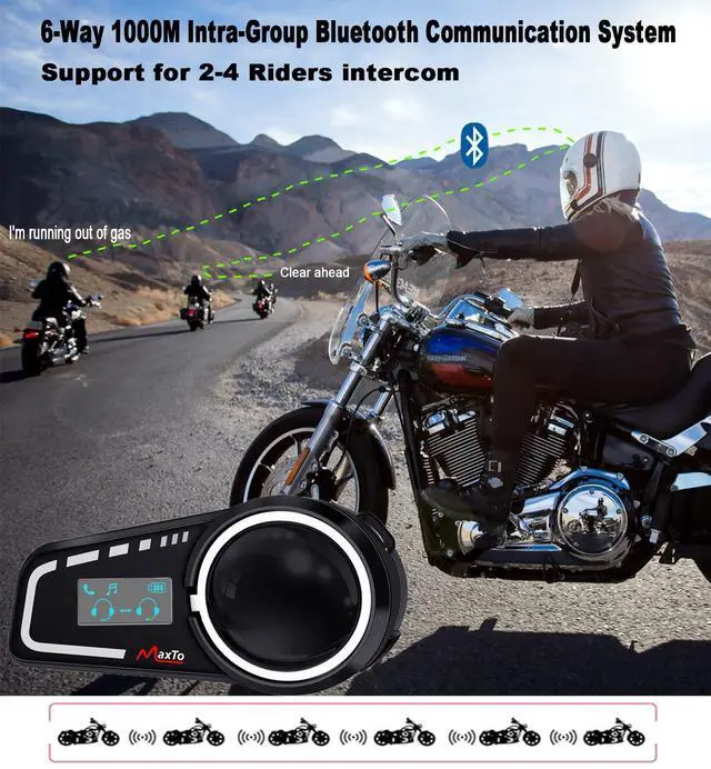 Alt view image 5 of 5 - MAXTO M2C Motorcycle Bluetooth Headset, 1000M 6-Way Group Helmet Intercom Communication System with LCD Screen, IP65 Waterproof, FM, Dual Phone Connection, Noise Reduction, Soft and Hard Mic, 1 Pack