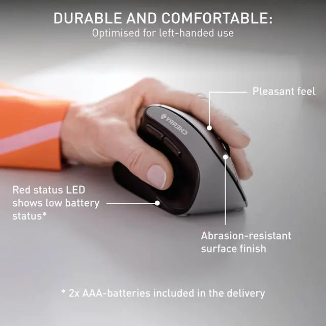 Alt view image 5 of 5 - Cherry MW 4500 - Ergonomic Wireless Mouse - Left-Handed - 1200 dpi - Thumb Buttons - Extra Small Nano Receiver, Black (JW-4550)