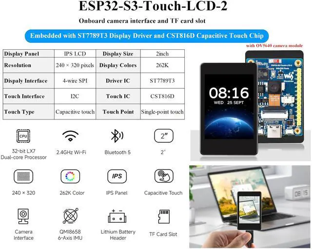 Alt view image 2 of 5 - ESP32-S3 2inch Capacitive Touch Display Development Board, 240320 Pixels, IPS Panel, 32-bit LX7 Dual-core Processor, Supports WiFi & Bluetooth, ESP32 with Display, Comes with OV560 Camera