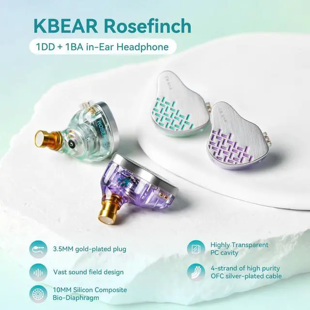 Alt view image 2 of 5 - Kinboofi KBEAR Rosefinch in-Ear Headphone,Noise Cancellation Earphone with Aviation-Grade zinc Alloy faceplate Wired Earbuds Haedphone with Detachable Cable for Singer (Pale Purple, with Microphone)
