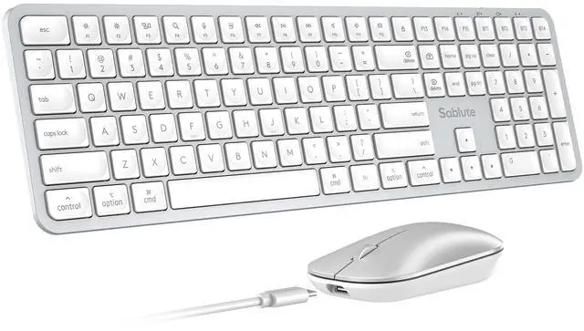 Main image of SABLUTE Bluetooth Keyboard and Mouse for Mac, KMA2 Rechargeable Full Size Wireless Combo, Quiet Scissor Keys, 3 Multi-Device Connection, Metallic Texture, Compatible for Mac, MacBook, Silver Wh