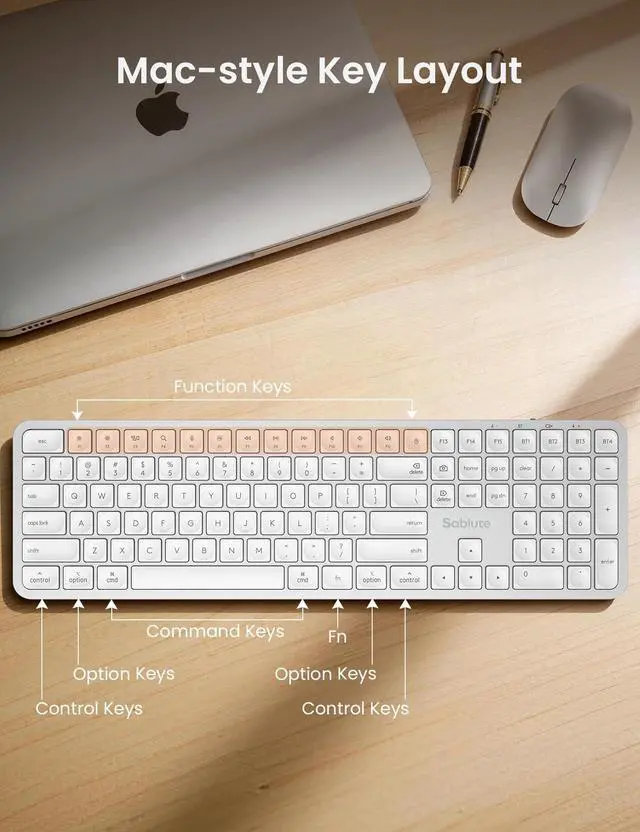 Alt view image 2 of 5 - SABLUTE Bluetooth Keyboard and Mouse for Mac, KMA2 Rechargeable Full Size Wireless Combo, Quiet Scissor Keys, 3 Multi-Device Connection, Metallic Texture, Compatible for Mac, MacBook, Silver Wh