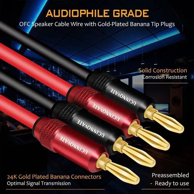 Alt view image 2 of 5 - UCINNOVATE White Speaker Wire, 2 Pack 1.5m / 4.9FT OFC HiFi Speaker Cable with Gold-Plated Banana Plugs for Speakers Terminal Home Theater