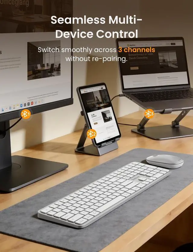 Alt view image 3 of 5 - SABLUTE Bluetooth Keyboard and Mouse for Mac, KMA2 Rechargeable Full Size Wireless Combo, Quiet Scissor Keys, 3 Multi-Device Connection, Metallic Texture, Compatible for Mac, MacBook, Silver Wh