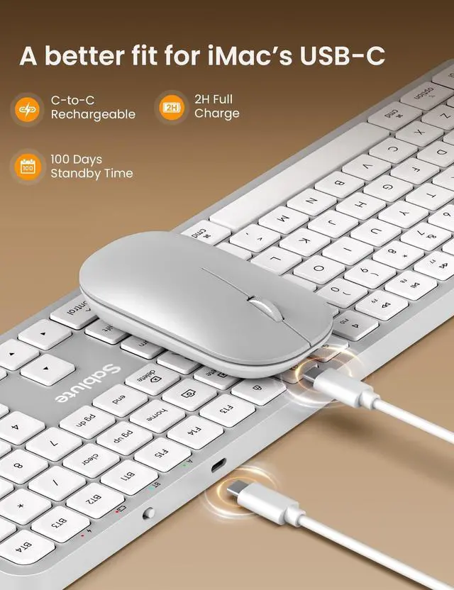 Alt view image 4 of 5 - SABLUTE Bluetooth Keyboard and Mouse for Mac, KMA2 Rechargeable Full Size Wireless Combo, Quiet Scissor Keys, 3 Multi-Device Connection, Metallic Texture, Compatible for Mac, MacBook, Silver Wh