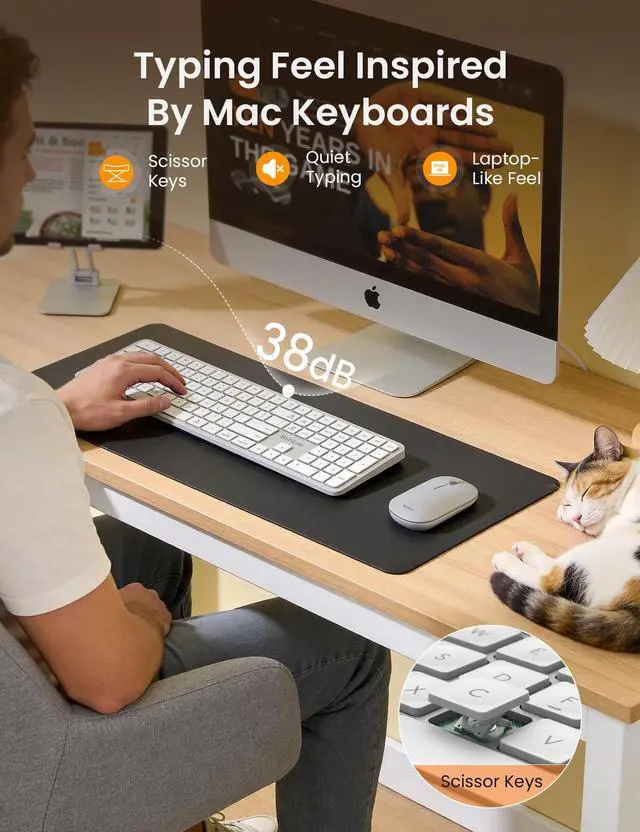 Alt view image 5 of 5 - SABLUTE Bluetooth Keyboard and Mouse for Mac, KMA2 Rechargeable Full Size Wireless Combo, Quiet Scissor Keys, 3 Multi-Device Connection, Metallic Texture, Compatible for Mac, MacBook, Silver Wh