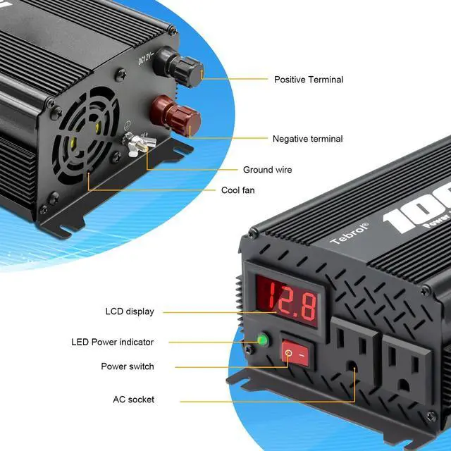 Alt view image 2 of 5 - Tebrol 1000W Power Inverter DC 12V to 110V AC Car Inverter with 4.2A Dual USB Car Adapter