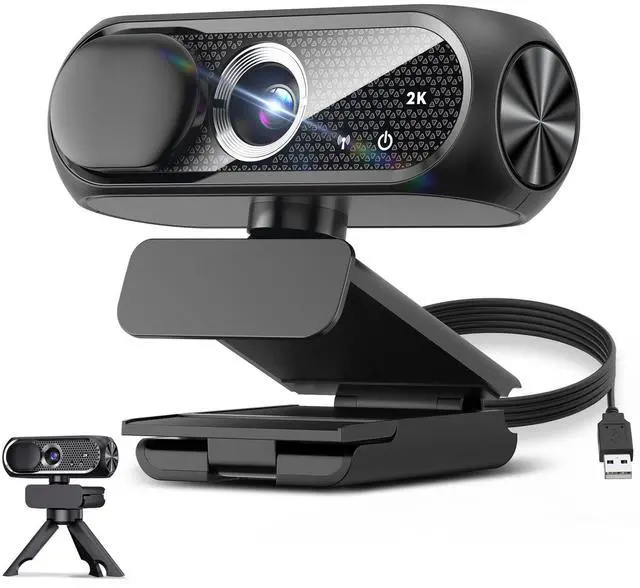 Main image of 2K Webcam with Rotatable Tripod and Mic, Noise Cancellation, Privacy Cover, Wide-Angle Lens, Auto Light Correction, Plug & Play USB Webcam for Laptop, Desktop, PC, Mac, Zoom, Skype, Streaming