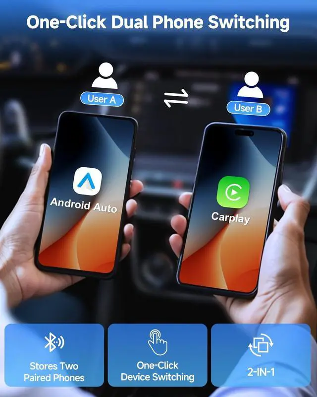 Alt view image 3 of 5 - Visoud Wireless CarPlay & Android Auto Adapter, Enjoy Seamless One-Click User Switching Converts Your Wired System to Wireless, Plug & Play with USB A or Type-C, Works with iOS 10+ and