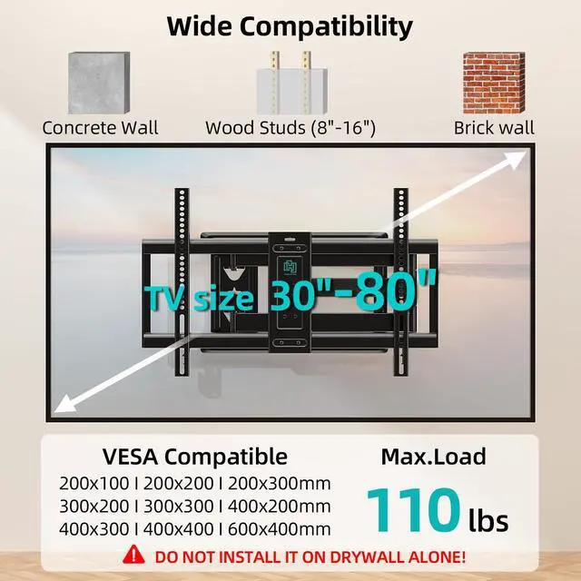 Alt view image 2 of 5 - HCMOUNTING Corner TV Wall Mount Long Arm TV Bracket for 32-80 Inch TVs,Pre-Assembled Full Motion TV Mount with 30.12" Extension & Swivel Articulating Arm & Tilt,Max VESA 600x400mm,Holds up to 110 lbs