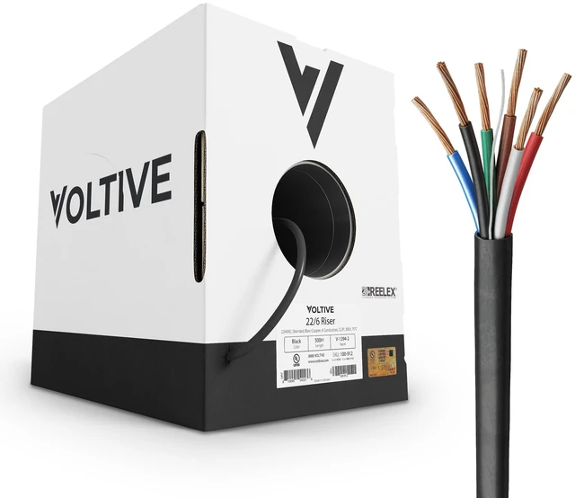 Main image of Voltive 22/6 Low Voltage Wire, Riser CL3R, Black, 500ft - 22AWG, 6 Conductors, Stranded Bare Copper, UL Listed - V-1294-2