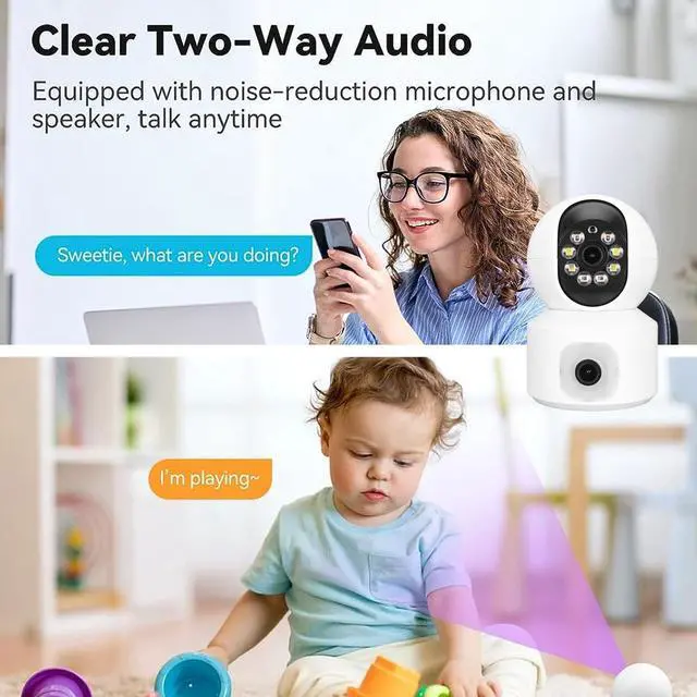 Alt view image 5 of 5 - Indoor Security Camera, 2K Dual Lens Camera with Night Vision and Two-Way Audio, Supports 128GB SD Card and Cloud Storage for Home Monitoring