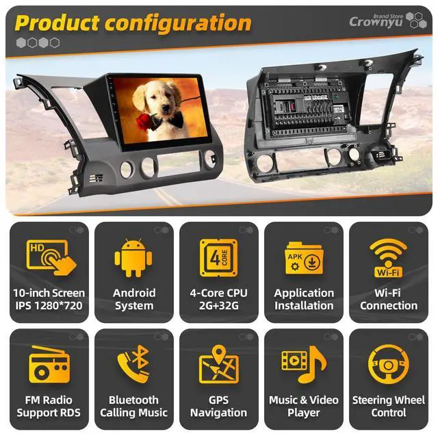 Alt view image 3 of 5 - Crownyu forHonda CIVIC 2006-2011 Radio Compatible with Wirelessly Carplay Android Auto Upgrade Android Car Stereo Bluetooth Navigation GPS TouchScreen FM WiFi Multimedia Player Backup Camera Head Unit