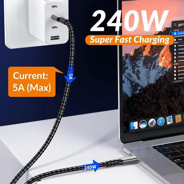 Alt view image 4 of 5 - HOURUNTAIL Thunderbolt 5/4/3 Cable 6.6ft 2M,USB4 C to C Right Angle Compatible 80Gbps Braided Data High Speed,120Gbps Bandwidth for 16K/Dual 8K Display PD3.1 240W Charging Phone,Mac,Hub,Docking-Grey