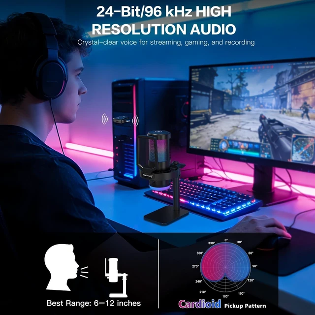 Alt view image 2 of 5 - ZealSound Wireless Microphone for PC Mac iPhone iPad & Android, USB Mic with Noise Reduction, Tap Mute and Volume Control, RGB Light and Real-Time Monitoring, for Podcasting Streaming Gaming &