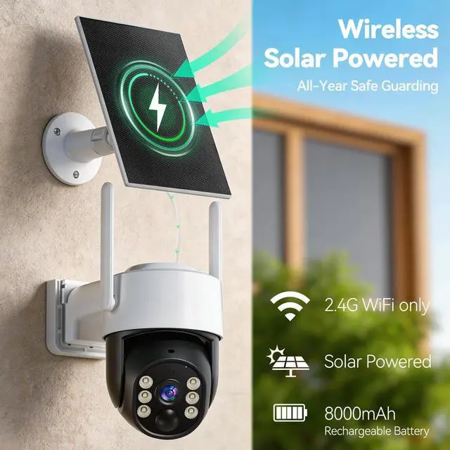 Alt view image 2 of 5 - Chpuss Solar Security Camera Wireless Outdoor, 2K HD Surveillance Solar Powered WiFi Camera, Color Night Vision, PIR Detection, 360 View, 2-Way Talk, Spotlight Siren Alarm (Black & White - 1PAC
